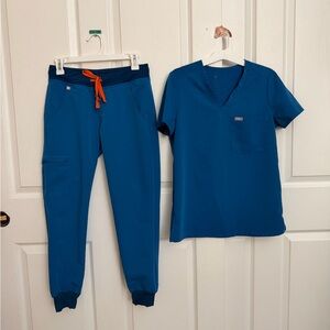 Figs Blue Scrub Set with Orange Accent